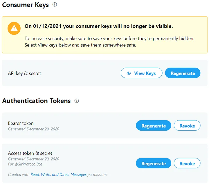 Tela do Twitter Developer Portal mostrando as chaves de acesso na aba Keys and tokens