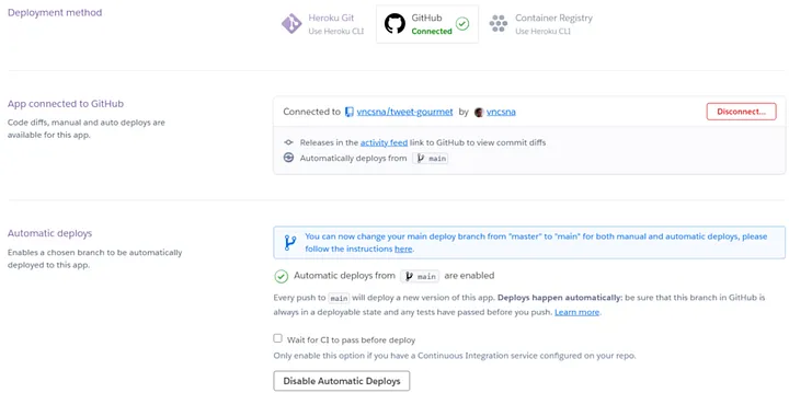 Tela do Heroku mostrando as seções de Deployment na aba Deploy