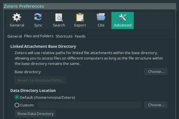 Menu de configuração do Zotero