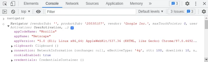 Objeto navigator no console do browser